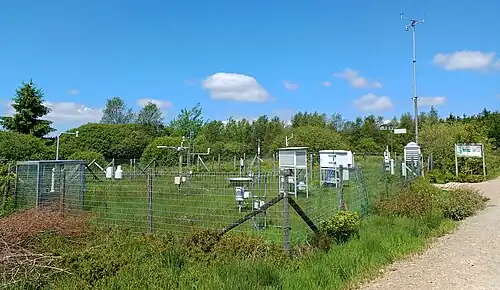 Divers appareils de mesure dans un enclos grillagé dans la fagne
