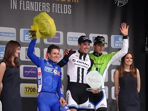 Podium de l'édition 2014 du Gand-Wevelgem : Arnaud Démare (2e), John Degenkolb (1er) et Peter Sagan (3e).