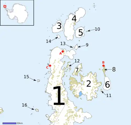 Partie nord de la terre de Graham et îles environnantes : 1 Péninsule de la Trinité (en fin de la péninsule Antarctique), 2 île James Ross, 3 île d'Urville, 4 île Joinville, 5 île Dundee, 6 île Snow Hill, 7 île Vega, 8 île Seymour, 9 île Andersson, 10 île Paulet, 11 île Lockyer, 12 île Eagle, 13 île Jonassen, 14 île Bransfield, 15 île Astrolabe, 16 île Zigzag.