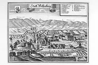 Wiesensteig avec l'abbaye (à gauche, lettre B) et le château (A) vers 1700.