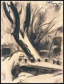 Saule sous la neige (1955), fusain, 18,5&nbsp;×&nbsp;14&nbsp;cm, collection particulière.