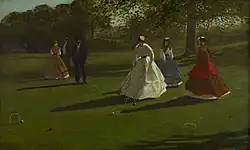 Peinture représentant un parc dans lequel cinq personnes, dont quatre femmes en large robe, jouent au croquet.