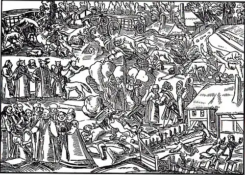 gravure réunissant différentes scènes de sorcellerie : loup-garou, animaux habillés en hommes, attaques de loups, bûcher.