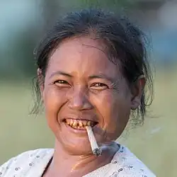 Portrait d'une femme serrant une cigarette roulée à la main entre ses dents, au coucher du soleil dans la campagne de Don Det, Laos. La couleur rouge de ses dents est due à la mastication régulière de paan.