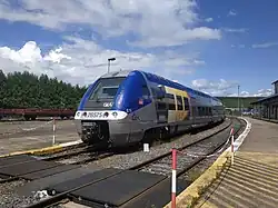 Quai d'une gare avec une rame TER stationnée le long.