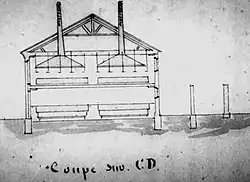 Vue en coupe du bâtiment d'évaporation de la saline de Mélecey.