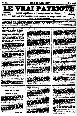 Couverture du journal Le Vrai Patriote de 1849