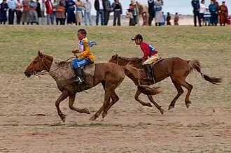 Deux jeunes cavaliers galopant devant un public, vue de profil.