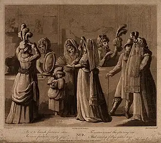 Young women are trying on hats and looking at fans in a mill, tirée de Progress of Female Virtue and Female Dissipation (Wellcome Collection).