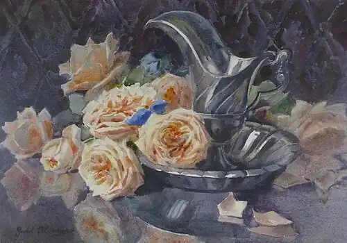Jetée de roses et aiguière, aquarelle.