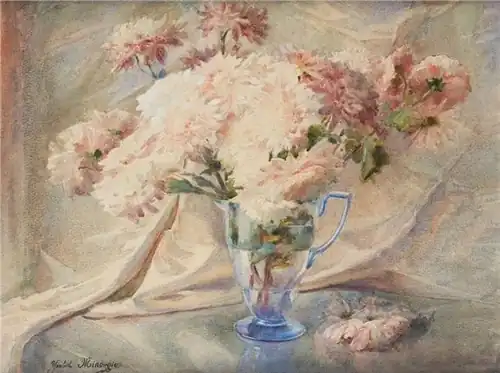 Bouquet de Chrysanthèmes dans un pichet bleu en verre, aquarelle.