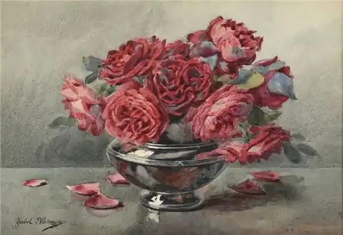 Vase aux roses rouges, aquarelle.