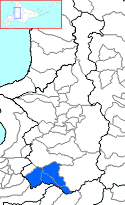 Carte bicolore montrant l'emplacement du district de Yūbari.