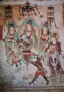 Le Bodhisattva Manjushri. Dynastie Tang (618-907). Grotte 25, paroi Ouest.