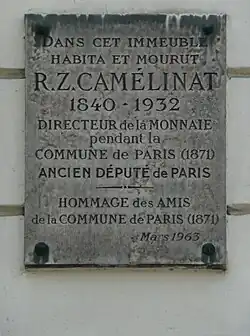 Plaque en hommage à Zéphirin Camélinat au no&nbsp;137.