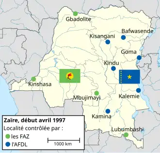 Carte du Zaïre, montrant les positions des belligérants : l'ADFL contrôle Bafwasende, Kisangani, Goma, Kindu, Kalemie et Kamina, les FAZ Lubumbashi, Mbujimayi et Kinshasa.