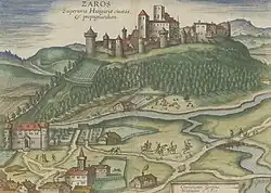 Gravure du château de Šariš/Saros, Joris Hoefnagel, 1617