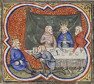 Sédécias enchaîné et mené à Nabuchodonosor (enluminure médiévale de Pierre le Mangeur, extraite de la Bible historiale)