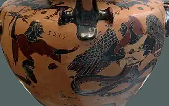 Combat entre Zeus et Typhon sur une hydrie grecque à figures noires (v.&nbsp;550 av. J.-C.).