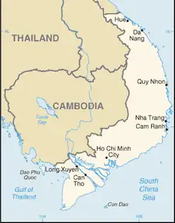 La république du Viêt Nam inclut Hué au nord ; République démocratique du Viêt Nam n’a aucune frontière avec le Cambodge