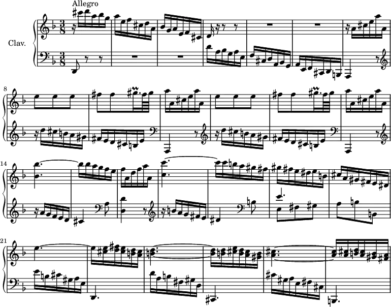 
\version "2.18.2"
\header {
  tagline = ##f
  % composer = "Domenico Scarlatti"
  % opus = "K. 553"
  % meter = "Allegro"
}

%% les petites notes
trillGisqqp     = { \tag #'print { gis16.\prall } \tag #'midi { a32 gis a } }

upper = \relative c'' {
  \clef treble 
  \key d \minor
  \time 3/8
  \tempo 4. = 54
  \set Staff.midiInstrument = #"harpsichord"
  \override TupletBracket.bracket-visibility = ##f

      s8*0^\markup{Allegro}
      r16 cis'16 d a bes g | a e f cis d a | bes g a e f cis | { \tag #'print d16 \tag #'midi r16 } r16 r8 r8 | 
      % ms. 5
      R4.*2 | r16 \repeat unfold 2 { a'16 cis e a a, | e'8 e e | fis fis \trillGisqqp fis64 gis | a16 }
      % ms. 13 suite
      a,16 cis e a a, | < bes bes' >4.~ bes'16 bes a g f e | f a, d f a a, | < c c' >4.~ 
      % ms. 18
      c'16 c b a gis fis | gis fis e dis e b | cis a gis fis e dis | e'4.~ | e16 < cis e > < d fis > < cis e > < b d > < a cis > | < b d >4.~
      % ms. 24
      < b d >16 q < cis e > < b d > < a cis > < gis b > | < a cis >4.~
      % ms. 30
      < a cis >16 q < b d > < a cis > < gis b > < fis a > |

}

lower = \relative c' {
  \clef bass
  \key d \minor
  \time 3/8
  \set Staff.midiInstrument = #"harpsichord"
  \override TupletBracket.bracket-visibility = ##f

    % ************************************** \appoggiatura a16  \repeat unfold 2 {  } \times 2/3 { }   \omit TupletNumber 
      d,,8 r8 r8 | R4.*2 | d''16 a bes g a e | f cis d a bes g |
      % ms. 6
      a16 e f cis d b |  \repeat unfold 2 { \clef bass a4 r8   \clef treble  r16 d'''16 cis b a gis | fis e d cis b e } | \clef bass
      % ms. 13
       a,,,4 r8 |  \clef treble r16 a''' g f e d | cis4   \clef bass a8 | < d, d' >4 r8 |  \clef treble  r16 b''16 a g fis e |
      % ms. 18
      dis4  \clef bass b8 | << { e4. } \\ { e,8 fis gis } >> | a8 b b, | e'16 b cis gis a e | d,4. | d''16 a b fis gis d |
      % ms. 24
      cis,4. | cis''16 gis a e fis cis | b,4. | % b''16 fis gis d e b | a,4 cis'8 | d e e, |
      % ms. 30
      % < a a' >4 < b b' >8 | < e, e' >8 a' b | e16 b cis gis, a e | d,4. | 

}

thePianoStaff = \new PianoStaff <<
    \set PianoStaff.instrumentName = #"Clav."
    \new Staff = "upper" \upper
    \new Staff = "lower" \lower
  >>

\score {
  \keepWithTag #'print \thePianoStaff
  \layout {
      #(layout-set-staff-size 17)
    \context {
      \Score
     \override SpacingSpanner.common-shortest-duration = #(ly:make-moment 1/2)
      \remove "Metronome_mark_engraver"
    }
  }
}

\score {
  \keepWithTag #'midi \thePianoStaff
  \midi { }
}
