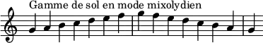  {
\override Score.TimeSignature #'stencil = ##f
\relative c'' { 
  \key g \mixolydian
  \clef treble \time 7/4
  g4^\markup { Gamme de sol en mode mixolydien } a b c d e f g f e d c b a g
} }
