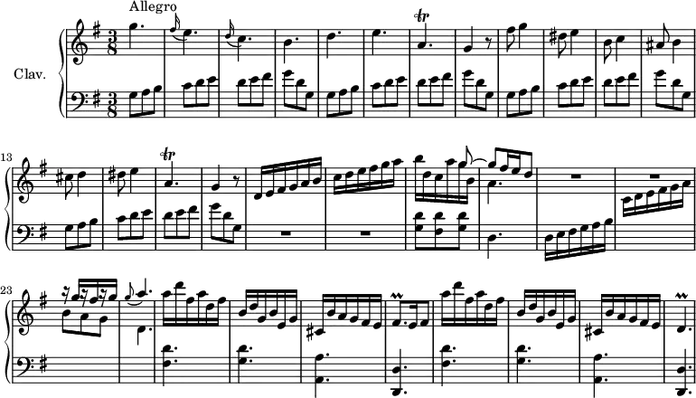 
\version "2.18.2"
\header {
  tagline = ##f
  % composer = "Domenico Scarlatti"
  % opus = "K. 235"
  % meter = "Allegro"
}

%% les petites notes
trillApDown     = { \tag #'print { a,4.\trill } \tag #'midi { b32 a b a~ a4 } }
trillDp         = { \tag #'print { d4.\prall } \tag #'midi { e32 d e d~ d4 } }
trillFisqp      = { \tag #'print { fis8.\prall } \tag #'midi { g32 fis g fis~ fis16 } }

upper = \relative c'' {
  \clef treble 
  \key g \major
  \time 3/8
  \tempo 4. = 72
  \set Staff.midiInstrument = #"harpsichord"
  \override TupletBracket.bracket-visibility = ##f

      s8*0^\markup{Allegro}
      g'4. | \appoggiatura fis16 e4. | \appoggiatura d16 c4. | b d e |
      % ms. 7
      \trillApDown | \tag #'print g4 \tag #'midi r4 r8 | fis'8 g4 | dis8 e4 | b8 c4 | ais8 b4 | cis8 d4 |
      % ms. 14
      dis8 e4 | \trillApDown | \tag #'print g4 \tag #'midi r4 r8 | d16 e fis g a b | c d e fis g a | << { s8 s8 g8~ | g   \tempo 4. = 60 fis16 e \tempo 4. = 50 d8 } \\ { b'16 d, c a' g b, | a4. } >>   \tempo 4. = 72
      % ms. 21
      R4.*2 | \stemUp r16 g'16[ r16 fis r16 g] | \appoggiatura g8 \stemUp a4. | \stemNeutral a16 d fis, a d, fis | b, d g, b e, g | cis, b' a g fis e |
      % ms. 28
      \trillFisqp e16 \tempo 4. = 48 fis8 \tempo 4. = 72 | a'16 d fis, a d, fis | b, d g, b e, g | cis, b' a g fis e | \trillDp 
      % ms. 35
      

}

lower = \relative c' {
  \clef bass
  \key g \major
  \time 3/8
  \set Staff.midiInstrument = #"harpsichord"
  \override TupletBracket.bracket-visibility = ##f

    % ************************************** \appoggiatura a16  \repeat unfold 2 {  } \times 2/3 { }   \omit TupletNumber 
      g8 a b | c d e | d e fis | g d  g,  | 
      g8 a b | c d e | d e fis | g d   \tempo 4. = 48 g,  |   \tempo 4. = 72
      g8 a b | c d e | d e fis | g d  g,  | 
      g8 a b | c d e | d e fis | g d   \tempo 4. = 48 g,  |   \tempo 4. = 72
      % ms. 17
      R4.*2 | < g d' >8 < fis d' > < g d' > | d4.
      % ms. 21
      d16 e fis g a b | \stemDown \change Staff = "upper" c d e fis g a | b8 a g | d4. | \stemNeutral \change Staff = "lower" \repeat unfold 2 { < fis, d' >4. | < g d' > | < a, a' > 
      % ms. 28
      < d, d' >4. }
      % ms. 33
      

}

thePianoStaff = \new PianoStaff <<
    \set PianoStaff.instrumentName = #"Clav."
    \new Staff = "upper" \upper
    \new Staff = "lower" \lower
  >>

\score {
  \keepWithTag #'print \thePianoStaff
  \layout {
      #(layout-set-staff-size 17)
    \context {
      \Score
     \override SpacingSpanner.common-shortest-duration = #(ly:make-moment 1/2)
      \remove "Metronome_mark_engraver"
    }
  }
}

\score {
  \keepWithTag #'midi \thePianoStaff
  \midi { }
}
