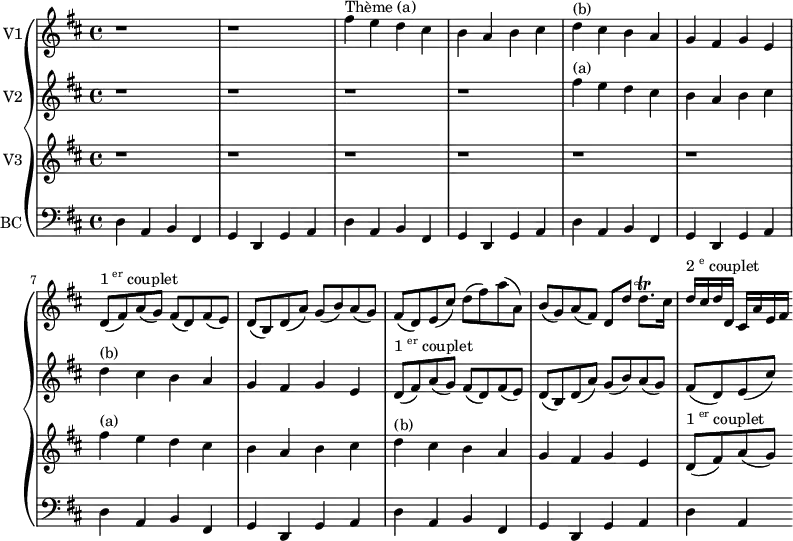 
\version "2.12.0"

\new GrandStaff
<<
  \new Staff \with {
    instrumentName = "V1"
    midiInstrument = "violin"
  } \relative c'' {
    \key d \major
    \time 4/4
    r1 r
    fis4^\markup {"Thème (a)"} e d cis
    b a b cis
    d^\markup {"(b)"} cis b a
    g fis g e
    d8(^\markup {"1" \super "er" "couplet"} fis) a( g) fis( d) fis( e)
    d( b) d( a') g( b) a( g)
    fis( d) e( cis') d( fis) a( a,)
    b( g) a( fis) d d' d8.\trill cis16
    d^\markup {"2" \super "e" "couplet"} cis d d, cis a' e fis
  }
  \new Staff \with {
    instrumentName = "V2"
    midiInstrument = "violin"
  } \relative c'' {
    \key d \major
    \time 4/4
    r1 r r r
    fis4^\markup {"(a)"} e d cis
    b a b cis
    d^\markup {"(b)"} cis b a
    g fis g e
    d8(^\markup {"1" \super "er" "couplet"} fis) a( g) fis( d) fis( e)
    d( b) d( a') g( b) a( g)
    fis( d) e( cis')
  }
  \new Staff \with {
    instrumentName = "V3"
    midiInstrument = "violin"
  } \relative c'' {
    \key d \major
    \time 4/4
    r1 r r r r r
    fis4^\markup {"(a)"} e d cis
    b a b cis
    d^\markup {"(b)"} cis b a
    g fis g e
    d8(^\markup {"1" \super "er" "couplet"} fis) a( g)
  }
  \new Staff \with {
    instrumentName = "BC"
    midiInstrument = "cello"
  } \relative c {
    \clef bass
    \key d \major
    \time 4/4
    d4 a b fis
    g d g a
    d4 a b fis
    g d g a
    d4 a b fis
    g d g a
    d4 a b fis
    g d g a
    d4 a b fis
    g d g a
    d4 a
  }
>>
\midi {
  \context {
    \Score
    tempoWholesPerMinute = #(ly:make-moment 56 4)
  }
}
