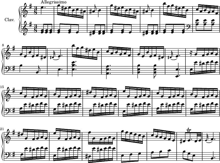 
\version "2.18.2"
\header {
  tagline = ##f
}

%% les petites notes
trillEq     = { \tag #'print { e8.\trill dis32 e } \tag #'midi { \times 2/3 { fis32 e fis } e8~ dis32 e } }
AppoFis     = { \tag #'print { \appoggiatura e32 fis4. } \tag #'midi { e8 fis4 } }

upper = \relative c'' {
  \clef treble 
  \key e \minor
  \time 3/8
  \tempo 4. = 72
  \set Staff.midiInstrument = #"harpsichord"

    s8*0^\markup{Allegrissimo}
    e4. | \repeat unfold 2 { g16 dis e b c ais | ais8 b4 } | \repeat unfold 2 { b'16 fis g dis e b |
    % ms. 7
    c16 a b g a fis | g e b' e, fis dis | \appoggiatura dis32 e4. }
    % ms. 14
    r16 g fis g a g | \repeat unfold 2 { c g fis g a g | b g fis g a g | dis' g, fis g a g | e' g, fis g a g }
    % ms. 23
    fis'16  g, fis g a g | g' fis e d c b | 
    % ms. 25
    c16 b a g fis e | dis8 \trillEq |   \tempo 4. = 60 \AppoFis |

}

lower = \relative c' {
  \clef bass
  \key e \minor
  \time 3/8
  \set Staff.midiInstrument = #"harpsichord"

    % **************************************
       \clef treble  < e g >8 q q | q q e | < dis fis >8 q q | < e g > q e | < dis fis >8 q q | < e g > q q |
      % ms. 7
        \clef bass < a, e' >8 q q | b4 b,8 | e4. | < e b' e >4. | < a, e' a > | < b e b' >4 q8 |
      % ms. 13
      < e, e' >4. | e'16 e' dis e fis e | \repeat unfold 2 { a, e' dis e fis e | g, e' dis e fis e | fis, e' dis e fis e | e, e' dis e fis e } | dis, e' dis e fis e | e,8 fis g
      % ms. 25
      a8 b c | b g e | b4.

} 

thePianoStaff = \new PianoStaff <<
    \set PianoStaff.instrumentName = #"Clav."
    \new Staff = "upper" \upper
    \new Staff = "lower" \lower
  >>

\score {
  \keepWithTag #'print \thePianoStaff
  \layout {
      #(layout-set-staff-size 17)
    \context {
      \Score
     \override SpacingSpanner.common-shortest-duration = #(ly:make-moment 1/2)
      \remove "Metronome_mark_engraver"
    }
  }
}

\score {
  \keepWithTag #'midi \thePianoStaff
  \midi { }
}
