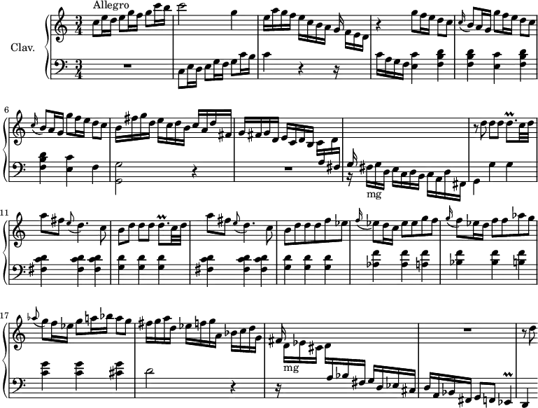 
\version "2.18.2"
\header {
  tagline = ##f
  % composer = "Domenico Scarlatti"
  % opus = "K. 225"
  % meter = "Allegro"
}

%% les petites notes
trillDqp     = { \tag #'print { d8.\prall } \tag #'midi { e32 d e d~ d16 } }
trillEes     = { \tag #'print { ees4\prall } \tag #'midi { f32 ees f ees~ ees8 } }

upper = \relative c'' {
  \clef treble 
  \key c \major
  \time 3/4
  \tempo 4 = 92
  \set Staff.midiInstrument = #"harpsichord"
  \override TupletBracket.bracket-visibility = ##f

      s8*0^\markup{Allegro}
      c8 e16 d e8 g16 f g8 c16 b | c2 g4 | e16 a g f e c b a g s16 s8 | r4  \repeat unfold 2 { g'8 f16 e d8 c |
      % ms. 5
      \appoggiatura c16 b8 a16 g } g'8 f16 e d8 c | b16 fis' g d e c d b c a d fis, | g fis g d e c d b \stemDown c \stemUp \change Staff = "lower" a16 \stemDown \change Staff = "upper" d \stemUp \change Staff = "lower" fis, | 
      % ms. 9
      g s16 s8 s2 \change Staff = "upper" | \stemNeutral r8 \repeat unfold 2 { d''8 d d \trillDqp c32 d | a'8 fis \appoggiatura e8 d4. c8 | b8 }
      % ms. 14 suite
      d8 d d f ees | \appoggiatura f16 ees8 d16 c ees8 ees g f | \appoggiatura g16 f8 ees16 d f8 f aes g |
      % ms. 17
      \appoggiatura aes8 g8 f16 ees g8 a16 bes a8 g | fis16 g a d, ees f g a, bes c d g, | fis s16 s8 s2 | R2. | \change Staff = "upper"
      % ms. 21
      r8 d'8

}

lower = \relative c' {
  \clef bass
  \key c \major
  \time 3/4
  \set Staff.midiInstrument = #"harpsichord"
  \override TupletBracket.bracket-visibility = ##f

    % ************************************** \appoggiatura a8  \repeat unfold 2 {  } \times 2/3 { }   \omit TupletNumber 
      R2. | c,8 e16 d e8 g16 f g8 c16 b | c4 r4 r16 \stemDown \change Staff = "upper" f16 e d | \change Staff = "lower" c a g f \repeat unfold 2 { < e c' >4 < f b d > |
      % ms. 5
      < f b d >4 } < e c' > f4 | < g, g' >2 r4 | R2. |
      % ms. 9
      r16 fis'16-\markup{mg} g d e c d b c a d fis, | g4 g' g | \repeat unfold 2 { < fis c' d >4 q q | < g d' > q q } | < aes f' > q < a f' > | < bes f' > q < b f' >
      % ms. 17
      < c g' > q < cis g' > | d2 r4 | r16 \stemDown \change Staff = "upper" d16-\markup{mg} ees cis d \stemUp \change Staff = "lower" a bes fis g d ees cis | d a bes fis g8 f \trillEes |
      % ms. 21
      d4

}

thePianoStaff = \new PianoStaff <<
    \set PianoStaff.instrumentName = #"Clav."
    \new Staff = "upper" \upper
    \new Staff = "lower" \lower
  >>

\score {
  \keepWithTag #'print \thePianoStaff
  \layout {
      #(layout-set-staff-size 17)
    \context {
      \Score
     \override SpacingSpanner.common-shortest-duration = #(ly:make-moment 1/2)
      \remove "Metronome_mark_engraver"
    }
  }
}

\score {
  \keepWithTag #'midi \thePianoStaff
  \midi { }
}
