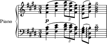 
\version "2.18.2"
\header {
  tagline = ##f
}
upper = \relative c' {
  \clef treble 
  \key cis \minor
  \time 2/4
  \tempo 4 = 56
  \tempo ""
  \set Staff.midiInstrument = #"acoustic grand"

   < fis cis' fis >4\p\( < a e' a > \times 2/3 { < b fis' b >8 < a e' a > < fis cis' fis >\) }
   < e b' e >8-.( < gis dis' gis >-.) < gis b dis gis >2--

}

lower = \relative c {
  \clef bass
  \key cis \minor
  \time 3/4
  \set Staff.midiInstrument = #"acoustic grand"

  < dis a' cis >4\( < fis cis' e > \times 2/3 { < a dis fis >8 < fis cis' e > < dis a' cis>\) }
  < e gis b >8-.( < gis, dis' b' >-.)\arpeggio < gis' b dis >2--

} 

\score {
  \new PianoStaff <<
    \set PianoStaff.instrumentName = #"Piano"
    \new Staff = "upper" \upper
    \new Staff = "lower" \lower
  >>
  \layout {
    \context {
      \Score
      %\override SpacingSpanner.common-shortest-duration = #(ly:make-moment 1/3)
      \remove "Metronome_mark_engraver"
    }
  }
  \midi { }
}
