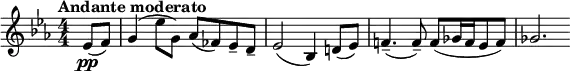  \relative c' { \clef treble \key ees \major \numericTimeSignature \time 4/4 \tempo "Andante moderato" \partial 4*1 \set Staff.midiInstrument = #"violin"
ees8\pp( f) | g4( ees'8 g,) aes( fes) ees-- d-- | ees2( bes4) d!8( ees) | f!4.--( f8--) f([ ges16 f ees8 f)] | ges2. } 