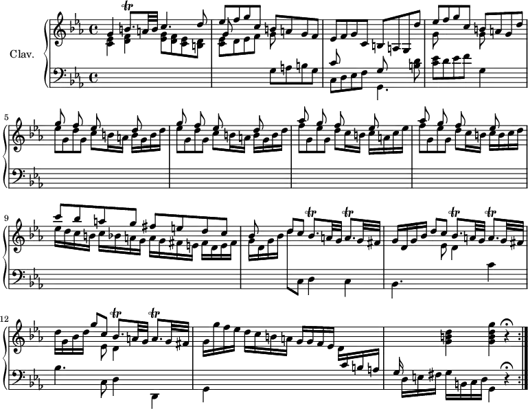 
\version "2.18.2"
\header {
  tagline = ##f
}

%% les petites notes
trillBqp       = { \tag #'print { b8.\trill } \tag #'midi { c32 b c b c b } }
trillBesqp     = { \tag #'print { bes8.\trill } \tag #'midi { c32 bes c bes c bes } }
trillAqp       = { \tag #'print { a8.\trill } \tag #'midi { bes32 a bes a bes a } }

upper = \relative c'' {
  \clef treble 
  \key c \minor
  \time 4/4
  \tempo 4 = 84
  \set Staff.midiInstrument = #"harpsichord"

  \repeat volta 2 {
     g4 \trillBqp a32 b \stemUp c4. d8 | << { ees f g c, b a g f | ees f g c, b a g d'' } \\ { \shiftOn \stemUp g,8 s8 s4 \stemDown g8 s8 s4 } >>  
     % ms. 4
     << { ees'8 f g c, b a g d' } \\ { g,8 s8 s4 g8 } >> | \stemDown \repeat unfold 2 { ees'8 g, d' g, c8 b16 a b g b d }
     % ms. 7
     f8 g, ees' g, d' c16 b c a c ees | f8 g, ees' g, d' c16 b c b c d | ees16 d c b  c bes a g a g fis e fis d e fis |
     % ms. 10
      \repeat unfold 2 { g16 d g bes \stemUp d8 c \stemNeutral \trillBesqp a32 g \trillAqp g32 fis } | d'16 g, bes d << { g8 c, \trillBesqp a32 g \trillAqp g32 fis } \\ { s8 ees8 d4 } >>
     % ms. 13
     g16 g' f ees d c b a g g f ees d \change Staff = "lower"  c b a | \stemUp g16 \stemNeutral \change Staff = "upper" s16 s8 < g' b d >4 < g b d g > r4\fermata 
}% reprise
     

}

lower = \relative c' {
  \clef bass
  \key c \minor
  \time 4/4
  \set Staff.midiInstrument = #"harpsichord"

  \repeat volta 2 {
    % *****************************
      \stemDown \change Staff = "upper" < c ees >4 < d f> < ees g >8 < d f > < c ees > < b d > | < c ees > d8 ees f \change Staff = "lower" g, a b g | << { c8 s8 s4 g8 } \\ { c,8 d ees f | g,4. } >> < b' d >8
     % ms. 4
     < c ees >8 d ees f | g,4 s4 | \stemUp \change Staff = "upper" \repeat unfold 2 { g''8 s8 f8 s8 ees8 s8 d8 s8 } | 
     % ms. 7
     \repeat unfold 2 { aes'8 s8 g8 s8 f8 s8 ees8 s8 } | c'8 bes a g fis e d c |
     % ms. 10
      bes s8 \stemDown d8 \change Staff = "lower" c,, d4 c | bes4. \change Staff = "upper" ees'8 d4 \change Staff = "lower" c4 | bes4. c,8 d4 d, 
     % ms. 13
     | g4 s16 s2. |   \tempo 4 = 78 d'16 e fis g b,  \tempo 4 = 68 c d   \tempo 4 = 50 g,4 r4\fermata   \tempo 4 = 84
}% reprise

}

thePianoStaff = \new PianoStaff <<
    \set PianoStaff.instrumentName = #"Clav."
    \new Staff = "upper" \upper
    \new Staff = "lower" \lower
  >>

\score {
  \keepWithTag #'print \thePianoStaff
  \layout {
      #(layout-set-staff-size 17)
    \context {
      \Score
     \override SpacingSpanner.common-shortest-duration = #(ly:make-moment 1/2)
      \remove "Metronome_mark_engraver"
    }
  }
}

\score {
  \unfoldRepeats
  \keepWithTag #'midi \thePianoStaff
  \midi { }
}
