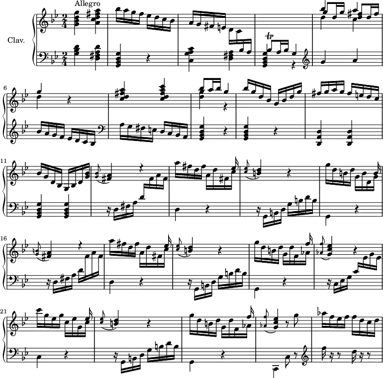 
\version "2.18.2"
\header { 
  tagline = ##f
  % composer = "Domenico Scarlatti"
  % opus = "K. 31"
  % meter = "Allegro"
}

%% les petites notes
trillBesq     = { \tag #'print { bes8\trill } \tag #'midi { c32 bes c bes } }
appoGCEes     = { \tag #'print { \appoggiatura < aes f' >8 < g c ees >4 } \tag #'midi { < aes f' >8 < g c ees >8 } }
appoBD        = { \tag #'print { \appoggiatura < c ees >8 < b d >4 } \tag #'midi { < c ees >8 < b d >8 } }
appoFisA      = { \tag #'print { \appoggiatura < g b >8 < fis a >4 } \tag #'midi { < g b >8 < fis a >8 } }
appoFisABes   = { \tag #'print { \appoggiatura < g bes >8 < fis a >4 } \tag #'midi { < g bes >8 < fis a >8 } }



upper = \relative c'' {
  \clef treble 
  \key g \minor
  \time 2/4
  \tempo 4 = 92
  \set Staff.midiInstrument = #"harpsichord"
  \override TupletBracket.bracket-visibility = ##f

      s8*0^\markup{Allegro}
      < g bes d g >4 < a c d fis a > bes'16 a g f ees d c bes | a g fis e d c \stemUp \change Staff = "lower" bes a | \trillBesq a16 bes g4 | \change Staff = "upper" << { bes''4 a | g } \\ { \shiftOn \stemUp  g8 d16 g < d fis >8 d16 fis } \\ { \stemDown d4 c | d } >> r4 |
      % ms. 7
      < c d fis a >4 < c d fis a c > | << { bes'8 a16 bes | g4 } \\ { < d g >4 r4 } >> | bes'16 g d bes g bes d g | fis g a g fis e d c |
      % ms. 11
      bes16 g d bes g bes d < g bes > | \appoFisABes e'4\rest | << { s4 s16 s8 ees16 } \\ { a16 fis d fis a,16 d fis, c' } >> | \appoBD r4  | << { s4 s16 s8 b16 } \\ { g'16 d b d g, b d, g } >>
      % ms. 16
      \appoFisA e'4\rest << { s4 s16 s8 ees16 } \\ { a16 fis d fis a,16 d fis, c' } >> | \appoBD r4  | << { s4 s16 s8 f'16 } \\ { g16 d b d g, d' f, aes } >> \appoGCEes r4
      % ms. 21
      << { s4 s16 s8 ees'16 } \\ { c'16 g ees g c, ees g, c } >> | \appoBD r4 | << { s4 s16 s8 f'16 } \\ { g16 d b d g, d' f, aes } >> \appoGCEes r8 \stemNeutral g'8 | aes16 f ees f f d c d |

}

lower = \relative c' {
  \clef bass
  \key g \minor
  \time 2/4
  \set Staff.midiInstrument = #"harpsichord"
  \override TupletBracket.bracket-visibility = ##f

    % ************************************** \appoggiatura a8  \repeat unfold 2 {  } \times 2/3 { }   \omit TupletNumber 
      < g bes d >4 < d fis a d > | < g, bes d g > r4 | < c g' a c >4 < d fis a > | < g, bes d g > r4 |   \clef treble g''4 a |
      % ms. 6
      bes16 a g f ees d c bes |   \clef bass a g fis e d c bes a | < g bes d g >4 r4 | q r4 | < d a' d >4 q |
      % ms. 11
      < g bes d g >4 q | \repeat unfold 2 { r16 d'16 fis a d \stemDown \change Staff = "upper" fis a fis | \change Staff = "lower" d,4 r4 | r16 g,16 b d g b d b | g,4 r4 } |
      % ms. 16
      r16 c16 ees g \stemUp c \stemDown \change Staff = "upper" ees g ees | \change Staff = "lower" 
      % ms. 21
      c,4 r4 | r16 g16 b d g b d b | g,4 r4 | c,4 c'8 r8 |   \clef treble  f''16 r16 r8  d16 r16 r8 |

}

thePianoStaff = \new PianoStaff <<
    \set PianoStaff.instrumentName = #"Clav."
    \new Staff = "upper" \upper
    \new Staff = "lower" \lower
  >>

\score {
  \keepWithTag #'print \thePianoStaff
  \layout {
      #(layout-set-staff-size 17)
    \context {
      \Score
     \override SpacingSpanner.common-shortest-duration = #(ly:make-moment 1/2)
      \remove "Metronome_mark_engraver"
    }
  }
}

\score {
  \keepWithTag #'midi \thePianoStaff
  \midi { }
}
