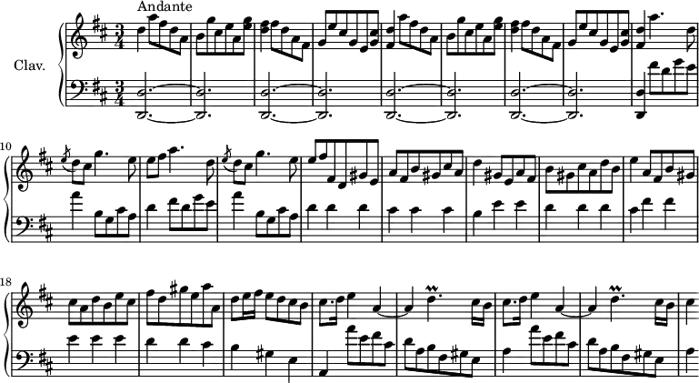 
\version "2.18.2"
\header {
  tagline = ##f
  % composer = "Domenico Scarlatti"
  % opus = "K. 281"
  % meter = "Allegro"
}

%% les petites notes
trillDp     = { \tag #'print { d4.\prall } \tag #'midi { e32 d e d~ d4 } }


upper = \relative c'' {
  \clef treble 
  \key d \major
  \time 3/4
  \tempo 4 = 106
  \set Staff.midiInstrument = #"harpsichord"
  \override TupletBracket.bracket-visibility = ##f

      s8*0^\markup{Andante}
      d4 \repeat unfold 2 { a'8 fis d a | b g' cis, e a, < e' g > | < d fis >4 fis8 d a fis | g e' cis g e < g cis >
      % ms. 5
      < fis d' >4 } a'4. d,8 
      % ms. 10
      \acciaccatura e8 d8 cis g'4. e8 | e8 fis a4. d,8 | \acciaccatura e8 d8 cis g'4. e8 | e8 fis fis, d gis e | a fis b gis cis a |
      % ms. 15
      d4 gis,8 e a fis | b gis cis a d b | e4 a,8 fis b gis | cis a d b e cis | fis d gis e a a, |
      % ms. 20
      d8 e16 fis e8 d cis b | \repeat unfold 2 { cis8. d16 e4 a,4~ | a4 \trillDp cis16 b } |
      % ms. 25
      cis4

}

lower = \relative c' {
  \clef bass
  \key d \major
  \time 3/4
  \set Staff.midiInstrument = #"harpsichord"
  \override TupletBracket.bracket-visibility = ##f

    % ************************************** \appoggiatura a16  \repeat unfold 2 {  } \times 2/3 { }   \omit TupletNumber 
      \repeat unfold 4 { < d,, d' >2.~ q  } | q4 \repeat unfold 2  { fis''8 d g e |
      % ms. 10
      a4 b,8 g cis a | d4 } d d  | cis cis cis |
      % ms. 15
      b4 e e | d d d | cis fis fis | e e e | d d cis |
      % ms. 20
      b4 gis e | a, \repeat unfold 2 { a''8 e fis cis | d a b fis gis e |
      % ms. 25
      a4 }

}

thePianoStaff = \new PianoStaff <<
    \set PianoStaff.instrumentName = #"Clav."
    \new Staff = "upper" \upper
    \new Staff = "lower" \lower
  >>

\score {
  \keepWithTag #'print \thePianoStaff
  \layout {
      #(layout-set-staff-size 17)
    \context {
      \Score
     \override SpacingSpanner.common-shortest-duration = #(ly:make-moment 1/2)
      \remove "Metronome_mark_engraver"
    }
  }
}

\score {
  \keepWithTag #'midi \thePianoStaff
  \midi { }
}
