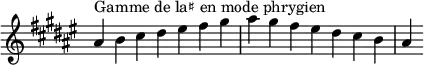  {
\override Score.TimeSignature #'stencil = ##f
\relative c'' {
  \key ais \phrygian
  \clef treble \time 7/4
  ais4^\markup { Gamme de la♯ en mode phrygien } b cis dis eis fis gis ais gis fis eis dis cis b ais
} }
