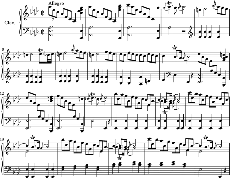 
\version "2.18.2"
\header {
  tagline = ##f
  % composer = "Domenico Scarlatti"
  % opus = "K. 127"
  % meter = "Allegro"
}

%% les petites notes
trillAesp     = { \tag #'print { aes4.\trill } \tag #'midi { bes32 aes bes aes~ aes4 } }
trillBesqp    = { \tag #'print { bes8.\trill } \tag #'midi { c32 bes c bes~ bes16 } }
trillEesqp    = { \tag #'print { ees8.\trill } \tag #'midi { f32 ees f ees~ ees16 } }
trillEesp     = { \tag #'print { ees4.\trill } \tag #'midi { f32 ees f ees~ ees4 } }
appoAesp      = { \tag #'print { $(remove-grace-property 'Voice 'Slur 'direction)
    \slurDown \appoggiatura g8 aes2 } \tag #'midi { g4 \tempo 2 = 40 aes4 \tempo 2 = 70 } }
appoEesp      = { \tag #'print { \appoggiatura d8 ees2 } \tag #'midi { d4 \tempo 2 = 40 ees4 \tempo 2 = 70 } }
appoBesp      = { \tag #'print { \appoggiatura aes8 \stemUp bes2 } \tag #'midi { aes4   \tempo 2 = 40 bes4   \tempo 2 = 70 } }
trillAesqp    = { \tag #'print { aes8._\trill } \tag #'midi { bes32 aes bes aes~ aes16 } }

upper = \relative c'' {
  \clef treble 
  \key aes \major
  \time 2/2
  \tempo 2 = 70
  \set Staff.midiInstrument = #"harpsichord"
  \override TupletBracket.bracket-visibility = ##f

      s8*0^\markup{Allegro}
      \times 2/3 { aes'8 ees c }   \omit TupletNumber \times 2/3 { aes8[ ees c] } aes4 < bes' des ees g >4 | \times 2/3 { aes'8 ees c } \times 2/3 { aes8[ ees c] } aes4 < ees'' g  bes > | \times 2/3 { c'8 aes ees } \times 2/3 { c8[ aes ees] } c4 g'' | \appoggiatura g16 \trillAesp g8 \appoAesp |
      % ms. 5
      e4 f2 \appoggiatura bes16 \times 2/3 { aes8 g f } | d4 ees2 \trillEesqp des32 ees | e4 f2 \appoggiatura bes16 \times 2/3 { aes8 g f } | d4 ees2 \times 2/3 { g8 f ees } | ees8 des \times 2/3 { f8[ ees des] } des8 c \times 2/3 { ees8[ des c] }
      % ms. 10
      c4 \trillBesqp aes16 \appoggiatura aes8 bes2 | \times 2/3 { ees8[ bes g] } \times 2/3 { \stemDown ees8 \stemUp \change Staff = "lower"   bes g } ees4 \change Staff = "upper"  < f' aes bes d >4 |
      % ms. 12
      \times 2/3 { ees'8[ bes g] } \times 2/3 { \stemDown ees8 \stemUp \change Staff = "lower" bes g } ees4 \stemNeutral \change Staff = "upper"  < bes'' d f > | \times 2/3 { g'8[ ees bes] } \times 2/3 { \stemDown g8 ees \stemUp \change Staff = "lower"  bes } g4 \stemNeutral \change Staff = "upper" d''4 | \appoggiatura d16 \trillEesp d8 \appoEesp |
      % ms. 15
      \repeat unfold 2 { \times 2/3 { bes'8 des, aes' } \times 2/3 { g8[ bes, f'] } \times 2/3 { ees8 g, des' } 
      << {  s4 c4~ c8. bes16 \appoggiatura bes8 c2 } 
        \\ { \stemUp  \omit TupletNumber \times 2/3 { c8 ees, bes'~ } | \stemDown \shiftOn bes4 } 
        \\ { \stemDown \omit TupletNumber \times 2/3 { s8 ees,4 } s4 \trillAesqp g16 \appoAesp } >> | 
      \times 2/3 { c'8 ees, bes' } \times 2/3 { aes8[ c, g'] }  \times 2/3 { f8 aes, ees' } 
       << { \omit TupletNumber \times 2/3 { des8 f, c'~ } | c4 \autoBeamOn \trillBesqp aes16 \appoBesp } 
       \\ { \omit TupletNumber \times 2/3 { s8 f4 } | ees2 } >>
      }%repet
      % ms. 19
      
      % ms. 23 
      

}

lower = \relative c' {
  \clef bass
  \key aes \major
  \time 2/2
  \set Staff.midiInstrument = #"harpsichord"
  \override TupletBracket.bracket-visibility = ##f

    % ************************************** \appoggiatura a16  \repeat unfold 2 {  } \times 2/3 { }   \omit TupletNumber 
      < aes, ees' aes  >2. < ees ees' >4 | \repeat unfold 2 { < aes aes' >2. < ees ees' >4 } aes'2 r2 |  \clef treble 
      % ms. 5
      \repeat unfold 2 { < des bes' >4 q q q | < c bes' > q < c aes' > q } | < bes aes' >4 < bes g' > < aes aes' > d4 |
      % ms. 10
      ees4   \clef bass ees, ees, r4 | < ees bes' ees >2. < bes bes' >4 | \repeat unfold 2 { < ees ees' >2. < bes bes' >4 } ees'2 ees,4 r4 |
      % ms. 15
      \repeat unfold 16 { < ees ees' >4 }
      % ms. 19
      < ees' g >4 < f aes > < g bes > < ees g > | < aes c > < bes des > < c ees > < bes des > | < aes c > < bes des > < c ees > < aes c > ees2 ees,4 r4 | 
      % ms. 23
      

}

thePianoStaff = \new PianoStaff <<
    \set PianoStaff.instrumentName = #"Clav."
    \new Staff = "upper" \upper
    \new Staff = "lower" \lower
  >>

\score {
  \keepWithTag #'print \thePianoStaff
  \layout {
      #(layout-set-staff-size 17)
    \context {
      \Score
     \override SpacingSpanner.common-shortest-duration = #(ly:make-moment 1/2)
      \remove "Metronome_mark_engraver"
    }
  }
}

\score {
  \keepWithTag #'midi \thePianoStaff
  \midi { }
}
