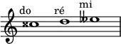 
    \relative c'' {
      \time 3/1
      \override Staff.TimeSignature #'stencil = ##f
      cisis1^\markup { \center-align "do 𝄪" }
      d^\markup { \center-align "ré" }
      eeses^\markup { \center-align "mi 𝄫" }
    }
  