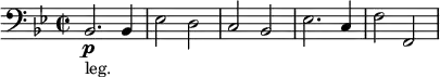  
\relative c { \set Staff.midiInstrument = #"cello" \clef bass \time 2/2 \key bes \major
bes2.\p(_"leg.") bes4 | ees2 d2    c2 bes2 | ees2. c4 | f2 f,2 ||

}
