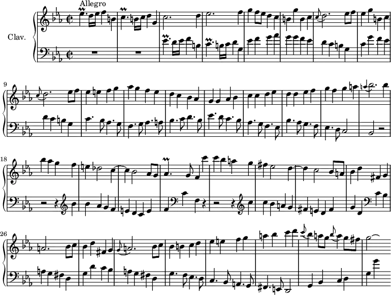 
\version "2.18.2"
\header {
  tagline = ##f
  % composer = "Domenico Scarlatti"
  % opus = "K. 254"
  % meter = "Allegro"
}

%% les petites notes
trillEesp     = { \tag #'print { ees4.\prall } \tag #'midi { f32 ees f ees~ ees4 } }
trillCesp     = { \tag #'print { c4.\prall } \tag #'midi { d32 c d c~ c4 } }
trillAesp     = { \tag #'print { aes4.\prall } \tag #'midi { bes32 aes bes aes~ aes4 } }
appoABesbp    = { \tag #'print { \appoggiatura a4 bes2. } \tag #'midi { a2   \tempo 2 = 32 bes4   \tempo 2 = 76 } }
appoGAbp      = { \tag #'print { \appoggiatura g8 a2. } \tag #'midi { g4 a2 } }
appoCDbp      = { \tag #'print { \appoggiatura c8 d2. } \tag #'midi { c4 d2 } }

upper = \relative c'' {
  \clef treble 
  \key c \minor
  \time 2/2
  \tempo 2 = 76
  \set Staff.midiInstrument = #"harpsichord"
  \override TupletBracket.bracket-visibility = ##f

      s8*0^\markup{Allegro}
      \trillEesp d16 ees f4 b, | \trillCesp b16 c d 4 g, | c2. d4 | ees2. f4 |
      % ms. 5
      g4 f8 ees d4 c | b g' b, c | \appoCDbp ees8 f | ees4 g b, c | \appoCDbp ees8 f |
      % ms. 10
      ees4 e f g | aes g f ees | d c bes aes | g g aes bes | c c d ees
      % ms. 15
      d4 d ees f | g f g a | \appoABesbp bes4 | bes aes g f | e des2 c4~ |
      % ms. 20
      c4 bes2 aes8 g | \trillAesp g8 f4 c'' | c bes a g | fis ees2 d4~ | d c2 bes8 a |
      % ms. 25
      bes4 d fis, g | a2. bes8 c | bes4 d fis, g | \appoGAbp bes8 c | bes4 b c d |
      % ms. 30
      ees e f g a bes c d | \appoggiatura c8 bes4 a8 g \appoggiatura bes8 a4 g8 fis | g2~ \hideNotes g8

}

lower = \relative c' {
  \clef bass
  \key c \minor
  \time 2/2
  \set Staff.midiInstrument = #"harpsichord"
  \override TupletBracket.bracket-visibility = ##f

    % ************************************** \appoggiatura a16  \repeat unfold 2 {  } \times 2/3 { }   \omit TupletNumber 
      R1*2 | \trillEesp d16 ees f4 b, | \trillCesp b16 c d4 g, |
      % ms. 5
      ees'4 f g aes | g g f ees | d c b g | c g' f ees d c b g |
      % ms. 10
      c4. bes8 aes4. g8 | f4. g8 aes4. a8 | bes4. c8 d4. bes8 | ees4. d8 c4. bes8 | aes4. g8 f4. ees8 |
      % ms. 15
      bes'4. aes8 g4.  f8 | ees4. d8 c2 |   bes2 r2 | r2 r4   \clef treble bes''4 | bes aes g f |
      % ms. 20
      e4 d c e | f   \clef bass c f, r4 | r2 r4 \clef treble c''4 | c bes a g | fis e d fis |
      % ms. 25
      g4 d \clef bass c bes | a g fis d | g d' c bes | a g fis d | g4. f8 ees4. d8 |
      % ms. 30
      c4. bes8 a4. g8 | fis4. e8 d2 | g4 bes c d | g g' s4

}

thePianoStaff = \new PianoStaff <<
    \set PianoStaff.instrumentName = #"Clav."
    \new Staff = "upper" \upper
    \new Staff = "lower" \lower
  >>

\score {
  \keepWithTag #'print \thePianoStaff
  \layout {
      #(layout-set-staff-size 17)
    \context {
      \Score
     \override SpacingSpanner.common-shortest-duration = #(ly:make-moment 1/2)
      \remove "Metronome_mark_engraver"
    }
  }
}

\score {
  \keepWithTag #'midi \thePianoStaff
  \midi { }
}
