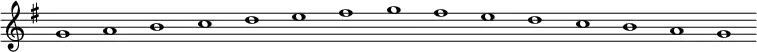 

\new Staff {
  \relative c'' {
    \key g \major
    \override Staff.TimeSignature #'stencil = ##f
    \override Staff.BarLine #'stencil = ##f
     g1 a b c d e fis g fis e d c b a g
  }
}
\midi {
  \context {
    \Score
    tempoWholesPerMinute = #(ly:make-moment 120 1)
  }
}
