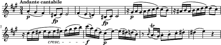 
\relative c'' {
  \version "2.18.2"
  \key a \major
  \time 3/4
  \tempo "Andante cantabile"
  \tempo 4 = 70  
  a4\p  (gis fis)
  dis8\fp (e) e2
  fis4 (e d!)
  bis8\fp (cis) cis2
  r16 gis'\p (a gis a b cis d) cis8 (b)
  r16 ais (b ais b cis d e) d8 (cis)
  r16 cis (d dis e dis\cresc e eis) fis (gis a b)
  cis\f (a) fis (d) cis8\p (e) ~ e16 (dis) d (b)
  r8 \grace b32 (a16.)\trill (gis32) a8-. b-. cis-. dis-.
  dis4 (e) r
 
}
