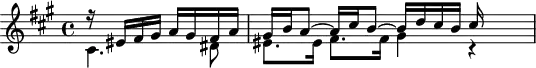 
\version "2.18.2"
\header {
  tagline = ##f
}

\score {
  \new Staff \with {

  }
<<
  \relative c' {
    \clef treble
    \key a \major
    \time 4/4
    \set Staff.midiInstrument = #"harpsichord" 

     %% SUJET fugue CBT II-19, BWV 888, la majeur — mesure 9
     \partial 2
     << { r16 eis16 fis gis a gis fis a gis b a8~ a16 cis b8~  b16 d cis b cis } \\ { cis,4. dis8 eis8. eis16 fis8. fis16 gis4 r4 } >>


  }
>>
  \layout {
     \context { \Score \remove "Metronome_mark_engraver" 
     \consists "Horizontal_bracket_engraver"
     %\override SpacingSpanner.common-shortest-duration = #(ly:make-moment 1/3)
     }
  }
  \midi {} 
}
