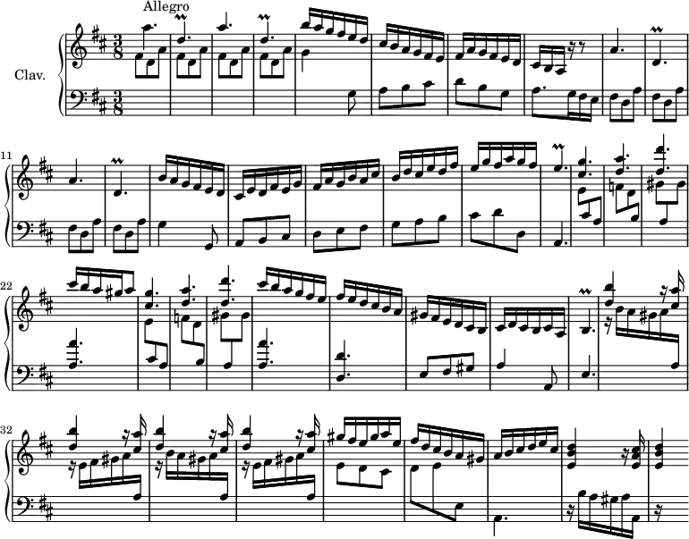 
\version "2.18.2"
\header {
  tagline = ##f
  % composer = "Domenico Scarlatti"
  % opus = "K. 353"
  % meter = "Allegro"
}

%% les petites notes
trillDpDown     = { \tag #'print { d,4.\prall } \tag #'midi { e32 d e d~ d4 } }
trillEp         = { \tag #'print { e4.\prall } \tag #'midi { fis32 e fis e fis e fis e~   \tempo 4. = 30 e8   \tempo 4. = 72 } }
trillBp         = { \tag #'print { b4.\prall } \tag #'midi { cis32 b cis b cis b cis b~ \tempo 4. = 30 b8 \tempo 4. = 72 } }

upper = \relative c'' {
  \clef treble 
  \key d \major
  \time 3/8
  \tempo 4. = 72
  \set Staff.midiInstrument = #"harpsichord"

      s8*0^\markup{Allegro}
      \repeat unfold 2 { a'4. | \stemUp \trillDpDown } | b'16 a g fis e d |
      % ms. 6
      cis16 b a g fis e | fis a g fis e d cis b a r16 r8 | \repeat unfold 2 { a'4. | \trillDpDown } |
      % ms. 13
      b'16 a g fis e d | cis e d fis e g | fis a g b a cis |
      % ms. 16
      b16 d cis e d fis | e g fis a g fis | \trillEp | < cis g' >4. < d a' >
      % ms. 21
      < d d' >4. | cis'16 b a gis a8 | < cis, g' >4. < d a' > < d d' > |
      % ms. 26
      cis'16 b a g fis e | fis e d cis b a | gis fis e d cis b | cis d cis b cis a | \trillBp
      % ms. 31
      \repeat unfold 4 { < d' b' >4 r16 < cis a' >16 }  | gis'16 fis e gis a e |
      % ms. 36
      fis16 d cis b a gis | a b cis d e cis | < e, b' d >4 r16 < e a cis >16 | < e b' d >4

}

lower = \relative c' {
  \clef bass
  \key d \major
  \time 3/8
  \set Staff.midiInstrument = #"harpsichord"

    % ************************************** \appoggiatura a16  \repeat unfold 2 {  } \times 2/3 { }   \omit TupletNumber 
      \stemDown \change Staff = "upper"  \repeat unfold 4 { fis8 d a' } | g4 \stemNeutral \change Staff = "lower" g,8 |
      % ms. 6
      a8 b cis | d b g | a8. g16 fis e | \repeat unfold 4 { fis8 d a' } |
      % ms. 13
      g4 g,8 | a8 b cis | d e fis |
      % ms. 16
      g8 a b | cis d d, | a4. | \repeat unfold 2 { \stemDown \change Staff = "upper" e''8 \stemUp \change Staff = "lower" cis a | \stemDown \change Staff = "upper" f' d \stemUp \change Staff = "lower" b \stemDown \change Staff = "upper" | 
      % ms. 21
      gis'8 \stemUp \change Staff = "lower" a, \stemDown \change Staff = "upper" gis' \stemUp \change Staff = "lower" |
      % ms. 26
      < a, a' >4. } | < d, d' >4. | e8 fis gis | a4 a,8 | e'4. \stemDown \change Staff = "upper"  |
      % ms. 31
      \repeat unfold 2 { r16 b''16 a gis a \stemUp  \change Staff = "lower" a, | \stemDown \change Staff = "upper" r16 e'16 fis gis a \stemUp  \change Staff = "lower" a, \stemDown \change Staff = "upper" } | e'8 d cis |
      % ms. 36
      d8 e \change Staff = "lower" e, | a,4. | r16 b'16 a gis a a, | r16 s8.

}

thePianoStaff = \new PianoStaff <<
    \set PianoStaff.instrumentName = #"Clav."
    \new Staff = "upper" \upper
    \new Staff = "lower" \lower
  >>

\score {
  \keepWithTag #'print \thePianoStaff
  \layout {
      #(layout-set-staff-size 17)
    \context {
      \Score
     \override TupletBracket.bracket-visibility = ##f
     \override SpacingSpanner.common-shortest-duration = #(ly:make-moment 1/2)
      \remove "Metronome_mark_engraver"
    }
  }
}

\score {
  \keepWithTag #'midi \thePianoStaff
  \midi { }
}

