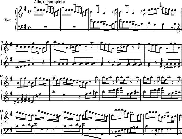 
\version "2.18.2"
\header {
  tagline = ##f
  % composer = "Domenico Scarlatti"
  % opus = "K. 169"
  % meter = "Allegro con spirito"
}

%% les petites notes
trillBq       = { \tag #'print { b8\prall } \tag #'midi { c32 b c b } }
trillA        = { \tag #'print { a4\prall } \tag #'midi { b32 a b a~ a8 } }
trillCq       = { \tag #'print { c8\prall } \tag #'midi { d32 c d c } }
trillFisq     = { \tag #'print { fis8\prall } \tag #'midi { g32 fis g fis } }
trillEqp      = { \tag #'print { e8.\prall } \tag #'midi { fis32 e fis e~ e16 } }
trillCisqp    = { \tag #'print { cis8.\prall } \tag #'midi { d32 cis d cis~ cis16 } }

upper = \relative c'' {
  \clef treble 
  \key g \major
  \time 4/4
  \tempo 4 = 102
  \set Staff.midiInstrument = #"harpsichord"
  \override TupletBracket.bracket-visibility = ##f

      s8*0^\markup{Allegro con spirito}
      \repeat unfold 2 { g'8 d d d \trillBq a16 g b8 d }
      % ms. 3
      \repeat unfold 2 { b4 \trillA g4 r8 d'8 } | d8 e e fis \appoggiatura a16 g8 fis16 e d8 d |
      % ms. 6
      d8 c c c \trillCq b16 a b8 b' | b g g b, cis16 d e8 r8 a8 | a fis fis a, b16 cis d8 r8 g8 |
      % ms. 9
      g8 e e b \repeat unfold 2 { a g' g b, } a g' g fis16 e | \trillFisq e16 fis g fis e d cis b a8 r8 \repeat unfold 2 { a'8 |
      % ms. 12
      a16 fis a8 r8 a8 a16 e a8 r8 } a8 | \repeat unfold 2 { a16 g fis e d8 d8 d16 b' a g fis e d cis } |
      % ms. 16
      d8 d' d d b g \trillEqp d32 e | fis8 a a a d, b \trillCisqp b32 cis | d8

}

lower = \relative c' {
  \clef bass
  \key g \major
  \time 4/4
  \set Staff.midiInstrument = #"harpsichord"
  \override TupletBracket.bracket-visibility = ##f

    % ************************************** \appoggiatura a16  \repeat unfold 2 {  } \times 2/3 { }   \omit TupletNumber 
      R1*2 | g'8 d d d \trillBq a16 g b8 d | g8 d d d \trillBq a16 g b4 | c a b r8 b8 |   \clef treble 
      % ms. 6
      c8 d e fis g4 r4 | r8 g8 g g < g a > q q q | < fis a >4 r8 fis8 < fis g > q q q |
      % ms. 9
      < e g >4 r8 < d g >8 \repeat unfold 2 { < cis g' > q < d g > q } < cis e >4 |   \clef bass a4 | d g, r8 a8 b cis |
      % ms. 12
      \repeat unfold 2 { d8 e fis g a a, b cis } | d e fis d g g, a a | 
      % ms. 15
      d8 e fis d g g, a a, | r8 d8 e fis g a b cis | d4 r8 fis,8 g g a a | r8

}

thePianoStaff = \new PianoStaff <<
    \set PianoStaff.instrumentName = #"Clav."
    \new Staff = "upper" \upper
    \new Staff = "lower" \lower
  >>

\score {
  \keepWithTag #'print \thePianoStaff
  \layout {
      #(layout-set-staff-size 17)
    \context {
      \Score
     \override SpacingSpanner.common-shortest-duration = #(ly:make-moment 1/2)
      \remove "Metronome_mark_engraver"
    }
  }
}

\score {
  \keepWithTag #'midi \thePianoStaff
  \midi { }
}
