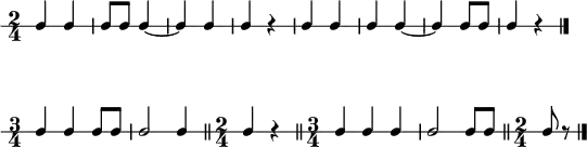 
\header {
  tagline = ##f
}

\score {
  \new RhythmicStaff {
    \override Score.SpacingSpanner #'base-shortest-duration =
    #(ly:make-moment 1 8)
    \numericTimeSignature
    \override Voice.TextScript #'padding = #1.8
    
    \time 2/4
    
    c c | c8 c c4~ | c c | c r | c c | c c~ | c c8 c | c4 r
    \bar "|."
  }
  \layout {
    indent = #0
  }
  \midi {}
}

\score {
  \new RhythmicStaff {
    \override Score.SpacingSpanner #'common-shortest-duration =
    #(ly:make-moment 1 8)
    \numericTimeSignature
    \override Voice.TextScript #'padding = #1.8
    
    \time 3/4

    c c c8 c | c2 c4 \bar "||"
    \time 2/4 c r \bar "||"
    \time 3/4 c c c | c2 c8 c \bar "||"
    \time 2/4 c r
    \bar "|."
  }
  \layout {
    indent = #0
  }
  \midi {}
}
