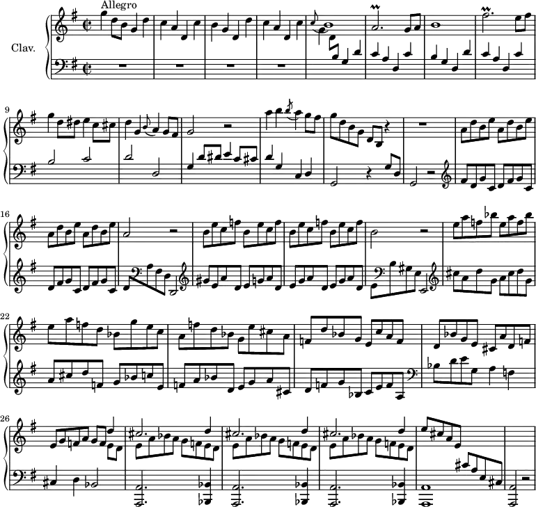 
\version "2.18.2"
\header {
  tagline = ##f
}

%% les petites notes
trillAbp        = { \tag #'print { a2.\prall } \tag #'midi { b16 a b a b a b a~ a4 } }
trillFisbpUp    = { \tag #'print { fis'2.\prall } \tag #'midi { g16 fis g fis g fis g fis~ fis4 } }

upper = \relative c'' {
  \clef treble 
  \key g \major
  \time 2/2
  \tempo 2 = 98
  \set Staff.midiInstrument = #"harpsichord"
  \override TupletBracket.bracket-visibility = ##f

      s8*0^\markup{Allegro}
      g'4 d8 b g4 d' | c a d, c' | b g d | d' | c a d, c' |
      % ms. 5
      \appoggiatura c8 b1 | \trillAbp g8 a | b1 | \trillFisbpUp e8 fis |
      % ms. 9
      g4 d8 dis e4 c8 cis | d4 g, \appoggiatura b8 a4 g8 fis | g2 r2 |  a'4 b \acciaccatura b8 a4 g8 fis |
      % ms. 13
      g8 d b g d b r4 | R1 | \repeat unfold 4 { a'8 d b e } |
      % ms. 17
      a,2 r2 | \repeat unfold 4 { b8 e c f } | b,2 r2 |
      % ms. 21
      \repeat unfold 2 { e8 a f bes } | e,8 a f d bes g' e c | a f' d bes g e' cis a | f d' bes g e c' a f |
      % ms. 25
      d8 bes' g e cis a' d, f | e g f a g f << { d'4  } \\ { e,8 d } >> 
      \repeat unfold 3 { << { cis'2. d4 } \\ { e,8 a bes a g f e d } >> }
      % ms. 30
      e'8 cis a e | \stemUp \change Staff = "lower" cis8 a e cis | s1 

}

lower = \relative c' {
  \clef bass
  \key g \major
  \time 2/2
  \set Staff.midiInstrument = #"harpsichord"
  \override TupletBracket.bracket-visibility = ##f

    % **************************************
      R1*4 | \stemDown \change Staff = "upper" g'4 d8 \stemUp \change Staff = "lower" b g4 d' | c a d, c' | b g d d'  | c a d, c' | 
      % ms. 9
      b2 c | d d, | g4 d'8 dis e4 c8 cis | d4 g, c, d |
      % ms. 13
      g,2 r4 | g'8 d | g,2 r2 |   \clef treble  fis''8 d g c, | \repeat unfold 3 { d8 fis g c, } |
      % ms. 17
      d8 \clef bass \stemDown a fis d \stemNeutral d,2 |  \clef treble 
      % ms. 12
      gis''8 e a d, \repeat unfold 3 { e g a d, } | e8 \clef bass \stemDown b gis e \stemNeutral e,2 |  \clef treble 
      % ms. 21
      cis'''8 a d g, a cis d g, | a cis d f, g bes c e, | f a bes d, e g a cis, | d f g bes, c e f a, |   \clef bass
      % ms. 25
      bes8 d e g, a4 f | cis d bes2 | \repeat unfold 3 { < a, a' >2. < bes bes' >4 } |
      % ms. 30
      < a a' >1 | q2 r2

}

thePianoStaff = \new PianoStaff <<
    \set PianoStaff.instrumentName = #"Clav."
    \new Staff = "upper" \upper
    \new Staff = "lower" \lower
  >>

\score {
  \keepWithTag #'print \thePianoStaff
  \layout {
      #(layout-set-staff-size 17)
    \context {
      \Score
     \override SpacingSpanner.common-shortest-duration = #(ly:make-moment 1/2)
      \remove "Metronome_mark_engraver"
    }
  }
}

\score {
  \keepWithTag #'midi \thePianoStaff
  \midi { }
}
