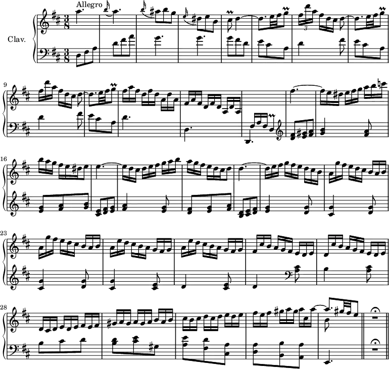 
\version "2.18.2"
\header {
  tagline = ##f
  % composer = "Domenico Scarlatti"
  % opus = "K. 161"
  % meter = "Allegro"
}

%% les petites notes
trillGq       = { \tag #'print { g8\prall } \tag #'midi { a32 g a g } }
trillCisq     = { \tag #'print { cis8\prall } \tag #'midi { d32 cis d cis } }
trillD        = { \tag #'print { d4\prall } \tag #'midi { e32 d e d e   \tempo 4. = 10 d~ d16   \tempo 4. = 52 } }

upper = \relative c'' {
  \clef treble 
  \key d \major
  \time 3/8
  \tempo 4. = 52
  \set Staff.midiInstrument = #"harpsichord"
  \override TupletBracket.bracket-visibility = ##f

      s8*0^\markup{Allegro}
      a'4. | \appoggiatura b16 a4. | \appoggiatura b16 ais8 b g \appoggiatura e16 dis8 e b | \trillCisq d4~ | \repeat unfold 2 { d8. e32 fis \trillGq | \times 2/3 { fis16 d' a }   \omit TupletNumber  \times 2/3 { fis16[ d cis] } d8~ } |
      % ms. 10
      d8. e32 fis \trillGq | \times 2/3 { fis16 a fis } \times 2/3 { d16[ fis d] } \times 2/3 { a16 d a } | \times 2/3 { fis16[ a fis] } \times 2/3 { d16 fis d } \times 2/3 { a16[ d a] } | \stemUp \change Staff = "lower" \times 2/3 { fis16 a fis } \trillD |  \stemNeutral  \change Staff = "upper"
      % ms. 14
      fis''4.~ | \times 2/3 { fis16 e dis } \times 2/3 { e16[ fis g] } \times 2/3 { a16 b c } | \times 2/3 { b16[ a g] } \times 2/3 { fis16 e dis } e8 | e4.~ | \times 2/3 { e16 d cis } \times 2/3 { d16[ e fis] } \times 2/3 { g16 a b } | \times 2/3 { a16[ g fis] } \times 2/3 { e16 d cis } d8
      % ms. 20
      d4.~ | \times 2/3 { d16 e fis } \times 2/3 { g16[ fis e] } \times 2/3 { d16 cis b } | \repeat unfold 2 { \times 2/3 { a16[ g' fis] } \times 2/3 { e16 d cis } \times 2/3 { b16[ a b] } } | \repeat unfold 2 { \times 2/3 { a16[ e' d] } \times 2/3 { cis16 b a } \times 2/3 { g16[ fis g] } } |
      % ms. 26
      \times 2/3 { fis16[ cis' b] } \times 2/3 { a16 g fis } \times 2/3 { e16[ d e] } | \times 2/3 { d16[ cis' b] } \times 2/3 { a16 g fis } \times 2/3 { e16[ d e] } | \times 2/3 { d16 cis d } \times 2/3 { e16[ d e] } \times 2/3 { fis16 e fis } | \times 2/3 { gis16 a gis } \times 2/3 { a16[ gis a] } \times 2/3 { b16 a b } | \times 2/3 { cis16 b cis } \times 2/3 { d16[ cis d] } \times 2/3 { e16 d e }
      % ms. 31
      \times 2/3 { fis16 e fis } \times 2/3 { gis16[ a gis] }  << { \omit TupletNumber  \stemDown \times 2/3 { a16 cis, a'~ } \stemUp | a8. gis32 fis e8 } \\ { s8   \tempo 4. = 30 b8 } >>  | R4.\fermata |

}

lower = \relative c' {
  \clef bass
  \key d \major
  \time 3/8
  \set Staff.midiInstrument = #"harpsichord"
  \override TupletBracket.bracket-visibility = ##f

    % ************************************** \appoggiatura a16  \repeat unfold 2 {  } \times 2/3 { }   \omit TupletNumber 
      d,8 fis a | d fis a | g4. g | g8 fis d | e cis a | \repeat unfold 2 { d4 fis8 |
      % ms. 8
      e8 cis a } | d4. d, d, |   \clef treble 
      % ms. 14
      < d'' fis >8 < e gis > < fis a > | < g b >4 < fis a >8 | < e g > < fis a > < g b > | < cis, e > < d fis > < e g > | < fis a >4 < e g >8 | < d fis > < e g > < fis a > |
      % ms. 20
      < b, d >8 < cis e > < d fis > | < e g >4 < d g >8 | \repeat unfold 2 { < cis g' >4 < d g >8 } | < cis g' >4 < cis e >8 | d4 < cis e >8
      % ms. 26
      d4   \clef bass < a cis >8 | b4 < a cis >8 | b cis d | < b d > < cis e > gis | < a e' >8 < fis d' > < cis a' > |
      % ms. 31
      < d a' >8 < b b' > < a a' > | e4. \bar "||"  R4.\fermata \bar "||"

}

thePianoStaff = \new PianoStaff <<
    \set PianoStaff.instrumentName = #"Clav."
    \new Staff = "upper" \upper
    \new Staff = "lower" \lower
  >>

\score {
  \keepWithTag #'print \thePianoStaff
  \layout {
      #(layout-set-staff-size 17)
    \context {
      \Score
     \override SpacingSpanner.common-shortest-duration = #(ly:make-moment 1/2)
      \remove "Metronome_mark_engraver"
    }
  }
}

\score {
  \keepWithTag #'midi \thePianoStaff
  \midi { }
}
