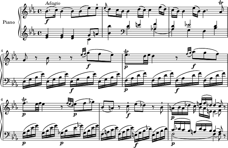 
\version "2.18.2"
\header {
  tagline = ##f
}
upper = \relative c' {
  \clef treble 
  \key ees \major
  \time 4/4
  \tempo "Adagio"
  \tempo 4 = 40
  %\autoBeamOff

  bes'8. \f ^\markup{ \italic {Adagio } } (c16) bes4 (bes8) bes (ees) ees-!
  \grace ees16 (d8) c16 bes bes4 d16 (c) c4 f16 (d)
  c (bes) bes4 ees16 (bes) bes4. aes8 \trill
  g r bes r r \grace {ees32 (f} g8 \f) (f ees)
  ees8. \trill  \p d32 ees d4 r8 \grace {f32 (g} aes8 \f) (g f)
  f8. \trill  \p ees32 f ees4 r8 \grace {f32 (es d} ees8 \p) (f ges)
  bes,8 (a) r c-!\f ees (des) r bes-!
  a16 \p (bes a des c) << { \stemDown bes16 a e e4 _ (f8)} \\ {\stemUp e'16 ^(f des!)  des4 ^(c8) } >> r8
}

lower = \relative c' {
  \clef bass
  \key ees \major
  \time 4/4
  
  \clef treble <ees g>4 <ees g> <d f> << { \stemDown c4} \\ {\stemUp g'8 a} >>
  <bes bes'>4 \clef bass << { \stemDown bes,2 aes!4 _ (aes4) g f bes} \\ {\stemUp d4 e f d ees!2 d4} >>
  ees,16 (g bes ees) ees,16 (g bes ees) ees,16 \f (g bes ees) ees,16 (g bes ees)
  f,16\p (aes d f) f,16 (aes d f) f,16\f (aes d f) f,16 (aes d f)
  g,16\p (bes ees g) g,16 (bes ees g) ges,16\p (bes ees ges) ges,16 (bes ees ges)
  f, (a c ees) f, (a c ees) e,\f (g bes des)  e, (g bes des)
  << { \stemDown f,2\p _ (f4) _ (f8)} \\ {\stemUp c'16 ^ (des c bes)  a16 ^(des c bes) bes4 ^ (a8) } >> r8
} 

\score {
  \new PianoStaff <<
    \set PianoStaff.instrumentName = #"Piano"
    \new Staff = "upper" \upper
    \new Staff = "lower" \lower
  >>
  \layout {
    \context {
      \Score
      \remove "Metronome_mark_engraver"
    }
  }
  \midi { }
}
