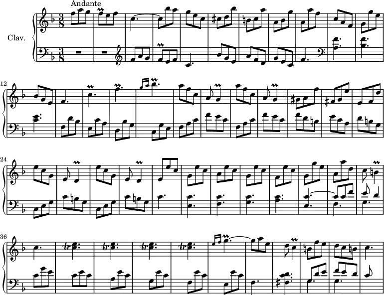 
\version "2.18.2"
\header {
  tagline = ##f
  % composer = "Domenico Scarlatti"
  % opus = "K. 151"
  % meter = "Andante — allegro"
}

%% les petites notes
trillFq       = { \tag #'print { f8\prall } \tag #'midi { g32 f g f } }
trillCpUp     = { \tag #'print { c'4.\prall } \tag #'midi { d32 c d c~ c4 } }
trillC        = { \tag #'print { c4\prall } \tag #'midi { d32 c d c~ c8 } }
trillFp       = { \tag #'print { f4.\prall } \tag #'midi { g32 f g f~ f4 } }
trillBesp     = { \tag #'print { \grace { g16 a } bes4.\prall } \tag #'midi { \grace {   \tempo 4. = 36 g16 a }   \tempo 4. = 62 c32 bes c bes~ bes4 } }
trillG        = { \tag #'print { g4\prall } \tag #'midi { a32 g a g~ g8 } }
trillD        = { \tag #'print { d4\prall } \tag #'midi { e32 d e d~ d8 } }
trillB        = { \tag #'print { b4\prall } \tag #'midi { c32 b c b~ b8 } }
trillCAccord  = { \tag #'print { < c-\tweak X-offset #-3 -\tweak extra-offset #'(1.5 . -2.5) \trill e >4. } \tag #'midi { << { } \\ { d32 c d c~ c4 } >> } }
trillGpGrace  = { \tag #'print { \grace { e16 f } g4.\prall~ } \tag #'midi { \grace {   \tempo 4. = 36 e16 f }   \tempo 4. = 62 a32 g a g~ g4~ } }

upper = \relative c'' {
  \clef treble
  \key f \major
  \time 3/8
  \tempo 4. = 62
  \set Staff.midiInstrument = #"harpsichord"
  \override TupletBracket.bracket-visibility = ##f

      s8*0^\markup{Andante}
      f8 a g | \trillFq e8 f | c4.~ | c8 bes' a | g e c | cis d bes' | 
      % ms. 7
      b,8 c a' | a, bes g' | a, a' f | c a f | g g' e | bes g e | f4.
      % ms. 14
      \trillCpUp | \trillFp | \trillBesp | \repeat unfold 2 { a8 f c | a8 \trillG }
      % ms. 21
      gis8 a f' | fis, g e'  | e, f d' | \repeat unfold 2 { e c g | e \trillD } |
      % ms. 28
      e8 e' c | g e' c | a e' c | g e' c | f, e' c | g g' e | a, a' d, |
      % ms. 35
      c8 \trillB | c4. | \repeat unfold 4 { \trillCAccord } | \trillGpGrace |
      % ms. 42
      g8 a e | d \trillC | b8 f' e | d c b | c4.

}

lower = \relative c' {
  \clef bass
  \key f \major
  \time 3/8
  \set Staff.midiInstrument = #"harpsichord"
  \override TupletBracket.bracket-visibility = ##f

    % ************************************** \appoggiatura a8  \repeat unfold 2 {  } \times 2/3 { }   \omit TupletNumber
      R4.*2  \clef treble  | f8 a g | \trillFq e8 f | c4.~ | bes'8 g e |
      % ms. 7
      a8 f d | g e c | f4. |  \clef bass  < a, f' >4. < bes f' > < c e > | f,8 d' bes |
      % ms. 14
      e,8 c' a | d, bes' g | c, g' e | \repeat unfold 2 { f a c | f e c } | 
      % ms. 21
      f8 d b | e c a | d b g | \repeat unfold 2 { c, e g | c b g } |
      % ms. 28
      c4. < e, c' > < f c' > < g c > < a c > << { < e c' >4.~ | c'8 c f | e d4 } \\ { s4. | f,4. g } >>
      % ms. 35
      c8 g' e | c e c | a e' c | g e' c | f, e' c | e, e' c |
      % ms. 42
      f,4. < fis c' d >4. | << { g8 d' e | f e d | c } \\ { \mergeDifferentlyDottedOn g4. g } >>

}

thePianoStaff = \new PianoStaff <<
    \set PianoStaff.instrumentName = #"Clav."
    \new Staff = "upper" \upper
    \new Staff = "lower" \lower
  >>

\score {
  \keepWithTag #'print \thePianoStaff
  \layout {
      #(layout-set-staff-size 17)
    \context {
      \Score
     \override SpacingSpanner.common-shortest-duration = #(ly:make-moment 1/2)
      \remove "Metronome_mark_engraver"
    }
  }
}

\score {
  \keepWithTag #'midi \thePianoStaff
  \midi { }
}

